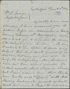 Letter from Joseph Ricketson, New Bedford, [Massachusetts], to William Lloyd Garrison, 1847 [January] 4th