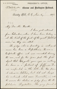 Letter from Belton O'Neall Townsend, Society Hill, S[outh] C[arolina], to William Dean Howells, 1877 Nov[ember] 5