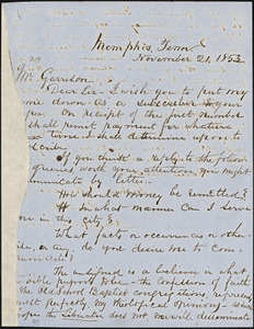 Letter from Arthur Robinson, Memphis, [Tennessee], to William Lloyd Garrison, 1853 November 21