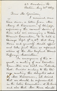Letter from Charles King Whipple, Boston, [Massachusetts], to William Lloyd Garrison, 1869 Aug[ust] 31st