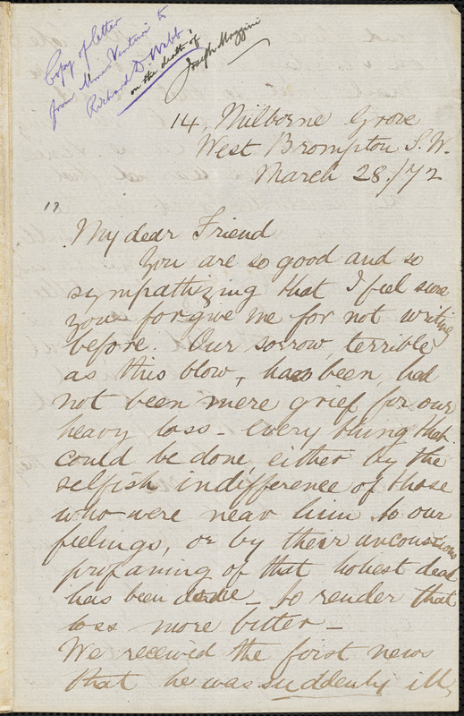 Letter from Emilie Ashurst, West Brompton S.W., [London, England], to ...