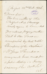 Letter from James Stanfield, Belfast, [Northern Ireland], to William Lloyd Garrison, 1846 Oct[ober] 22nd