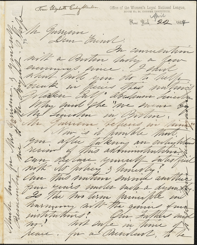 Letter From Elizabeth Cady Stanton New York New York To William Lloyd Garrison 1864 April 0999