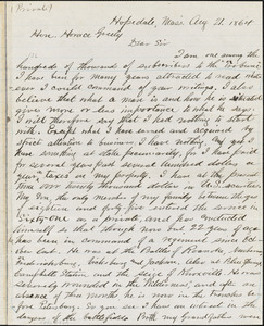Letter from George Draper, Hopedale, Mass[achusetts], to Horace Greeley, 1864 Aug[ust] 21