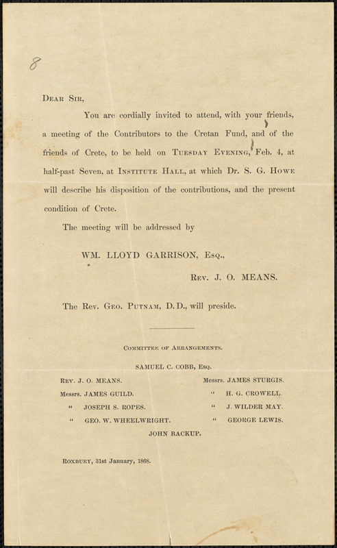 Letter from Samuel Gridley Howe, Roxbury, [Boston, Massachusetts], 1868 January 31st