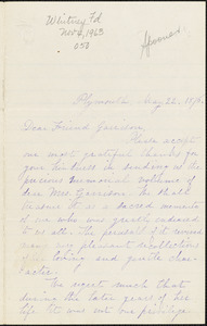 Letter from Nathaniel B. Spooner and Zilpha Harlow, Plymouth, [Massachusetts], to William Lloyd Garrison, 1876 May 22