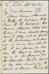 Letter from George Thompson, London, [England], to William Lloyd Garrison, 1849 Sep[tember] 28
