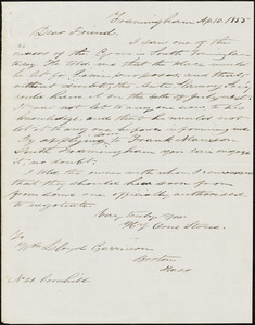 Letter from Henry Orne Stone, Framingham, [Massachusetts], to William Lloyd Garrison, 1855 Ap[ril] 10