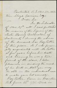 Letter from Zebulon P. White,Pawtucket, R[hode] I[sland], to William Lloyd Garrison, 1863 Nov[ember] 24