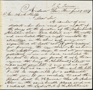 Letter from Amos Augustus Phelps, Andover, [Massachusetts], to T.E. Turner, 1839 June 7