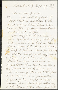 Letter from Lucy Stone, Newark, N[ew] J[ersey], to William Lloyd Garrison, [1869] Sept[ember] 27