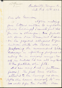 Letter from Laura Giddings Julian, Centreville, Wayne Co[unty], Ind[iana], to Francis Jackson Garrison, 1872 Feb[ruary] 12th