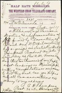 Telegram from C.H. Thompson, New Orleans, L[ouisian]a, to William Lloyd Garrison, 1879 Ap[ri]l 29