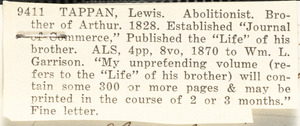Letter from Lewis Tappan, 206 Degraw St[reet], Brooklyn, N[ew] Y[ork], to William Lloyd Garrison, 1870 Jan[uary] 29