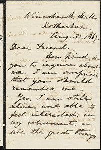 Letter from Mary Anne Rawson, Wincobank Hall, Rotherham, [England], 1867 Aug[ust] 31