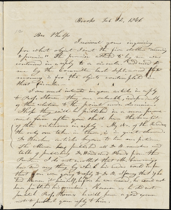 Letter from Luther Wiswall Brooks Maine to Amos Augustus