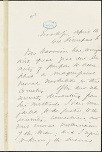 Letter from R.I. Thornton, Brooklyn, [New York], to William Lloyd Garrison, [1867] April 16