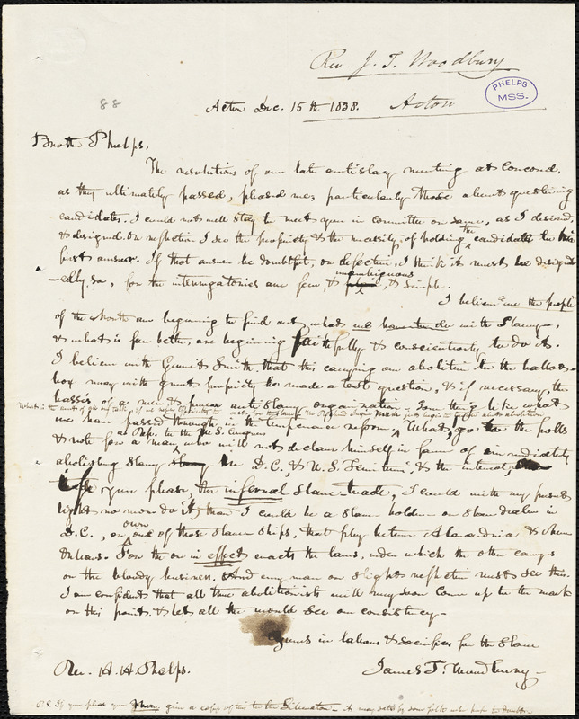 Letter from James Trask Woodbury Acton Massachusetts to Amos