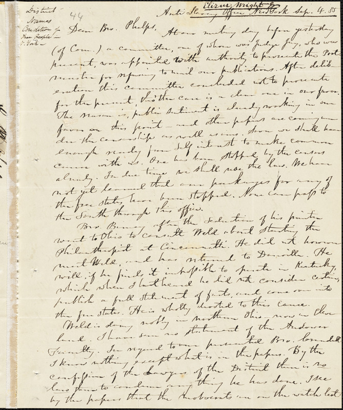 Letter From Elizur Wright, New York, To Amos Augustus Phelps, 1835 Sept ...