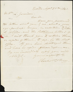Letter from Charles Turner Torrey, Boston, [Massachusetts], to William Lloyd Garrison, 1841 Sept[ember] 25th