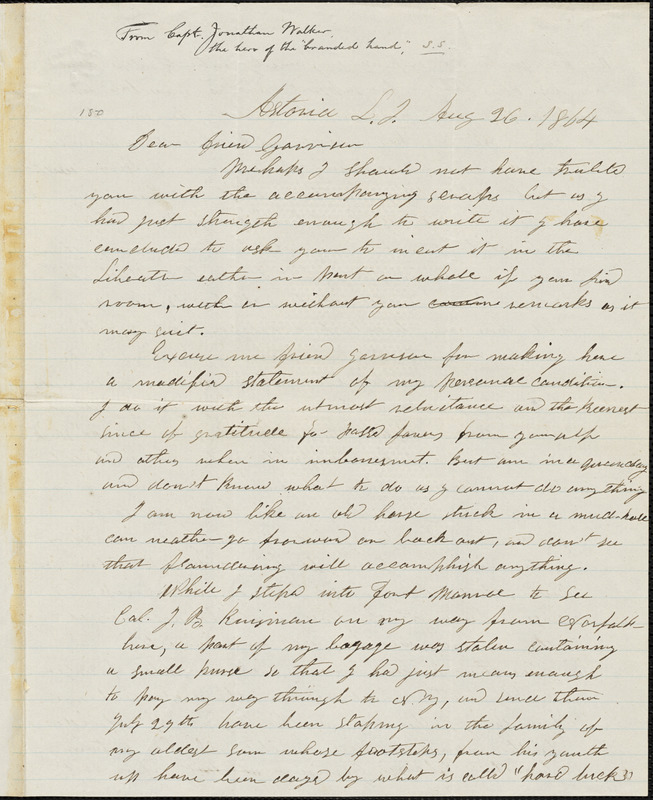 Letter from Jonathan Walker, Astoria, L[ong] I[sland], [New York], to ...