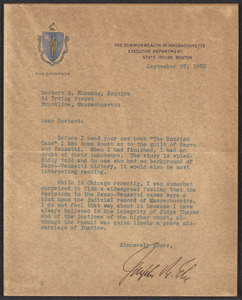 Herbert Brutus Ehrmann Papers, 1906-1970. Sacco-Vanzetti. Joseph B. Ely, [Gov. of Mass.]. Typed letter signed to HBE, Sept. 27, 1933. Box 3, Folder 8, Harvard Law School Library, Historical & Special Collections