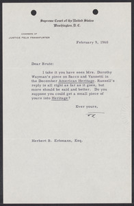 Herbert Brutus Ehrmann Papers, 1906-1970. Sacco-Vanzetti. Correspondence re: 1960 edition of The Untried Case. Box 3, Folder 10, Harvard Law School Library, Historical & Special Collections