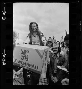 Harvard raft race winners with beer prize, Cambridge