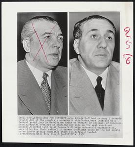 Indicted for contempt--Joe Adonis (left) and Anthony J. Accardo (right), two of the country’s underworld chieftains, were indicted by a federal grand jury in Washington today on charges of contempt of Congress. Adonis, reputed overlord of gambling and vice on the east coast, and Accardo, reported heir to Al Capone’s Chicago underworld organization, were cited for their refusal to answer questions posed by the old senate crime investigating committee which Sen. Kefauver headed.