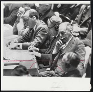 U.S. Delegates Hear Vishinsky--Secretary of State Acheson, chin in hand, and other U.S. delegates to the United Nations general assembly listen with solemn mein as Soviet Foreign Minister Vishinsky repeats Russia's demand for an immediate armistice in Korea on terms already repeatedly rejected by the United Nations. Delegates with Acheson are Warren R. Austin, permanent delegate; Ernest Gross and Benjamin Cohen, attached to the permanent mission with titles of ambassador.