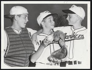 Little Heroes of Lynnfield’s 9-0 tournament victory over Swampscott at West Lynn last night are, left to right, catcher Gary Jaquith, centerfielder Mark Benkoff and pitcher Fran Peterson. Jaquith hit a two-run homer. Benkoff holds last ball after making sensational catch. Peterson hurled a one hitter.