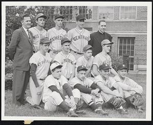 Catholic League Baseball All-Stars -- They make up the squad to face the Boston Conference stars in their ninth annual game at Fenway Park, June 15, at 7:30 P.M. Left to right -- Rear -- Tom Lane, Executive-Secretary of the CYO; George Dunn, Mission; Neil McBride, Cathedral; Jack Moynihan, Lawrence Central; Msgr. John P. Carroll, CYO director. Middle Row -- Fran Costello, St. Thomas; John Weare, St. Patrick's; Dick Kelly, St. Columbkille's; Bernie Lux, Williams;. Front Row -- Tom Casey, St. Mary's of Brookline; Mike Cortese, St. John's Prep; Gene Fama and Joe Mahoney, Malden Catholic. Four other all-stars were absent because they were playing league games when the photo was taken. They are Dick Treanor, St. Clement's; Joe Corbin, Williams; Stan Salwa, Keith, and John Silvonic, St. Mary's of Lynn.