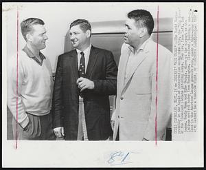 Indians’ “Big three”--The World Series probably is the topic of conversation among this trio, the “big three” of the Cleveland Indians pitching corps. They are, from left, Bob Lemon, Early Wynn and Mike Garcia, shown at the airport as the Indians arrived today from Washington. Cleveland, holding a one-game lead in the American League pennant race, opens a three-game series with Detroit here tomorrow night.