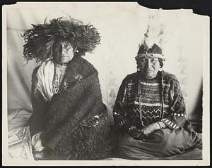 Magic Headgears. The medicine women of Waterton Lakes National Park Reservation in the Canadian Rockies have upon their heads the tribal buffalo and snake headgear of the Blood tribe. The squaw with the buffalo headgear also wears a full buffalo hide thrown over her as part of the magic charm.