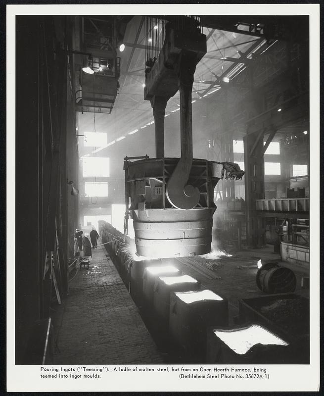 Pouring Ingots (“Teeming”). A ladle of molten steel, hot from an Open Hearth Furnace, being teemed into ingot moulds.