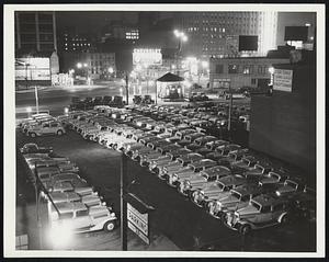 Taxicabs at a Standstill. Brooklyn: N.Y.- A general strike of taxicab drivers in the city made this scene possible at the Parmelee Garage, 195 Albee Square, here tonight. Approximately 7,000 cabs were idle after the drivers were called out by the Transport Workers Union: C.I.O. affiliate, in support of demands for a larger share of receipts.