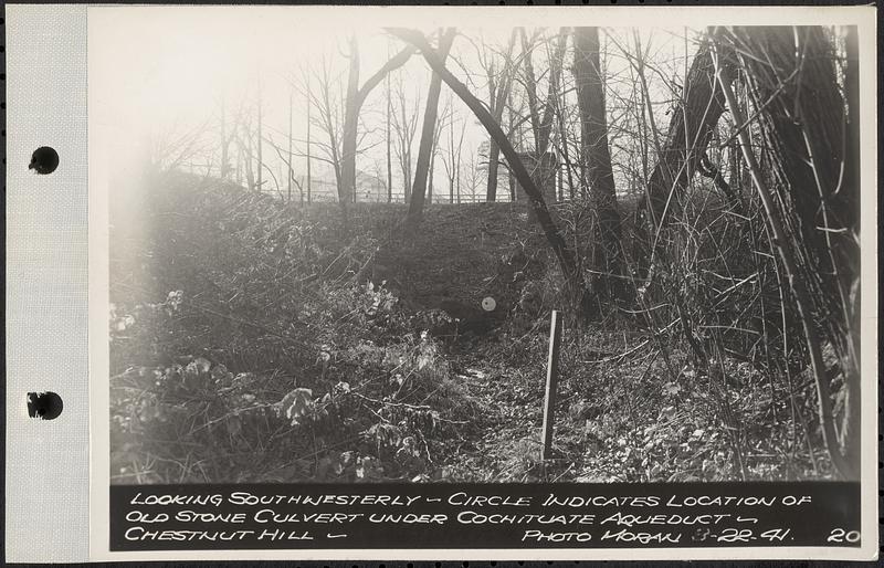 Views of Dane Property, Chestnut Hill Site, Newton Cemetery Site, Boston College Site, looking southwesterly, circle indicates location of old stone culvert under Cochituate Aqueduct, Chestnut Hill, Brookline, Mass., Nov. 22, 1941