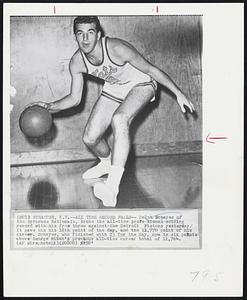 All Time Record Falls -- Dolph Schayes of the Syracuse Nationals, broke the all-time professional scoring record with his free throw against the Detroit Pistons yesterday. It gave him his 18th point of the day, and the 11,770 points of his career. Schayes, who finished with 23 for the day, now is six points above George Mikan's previous all-time career total of 11,764.