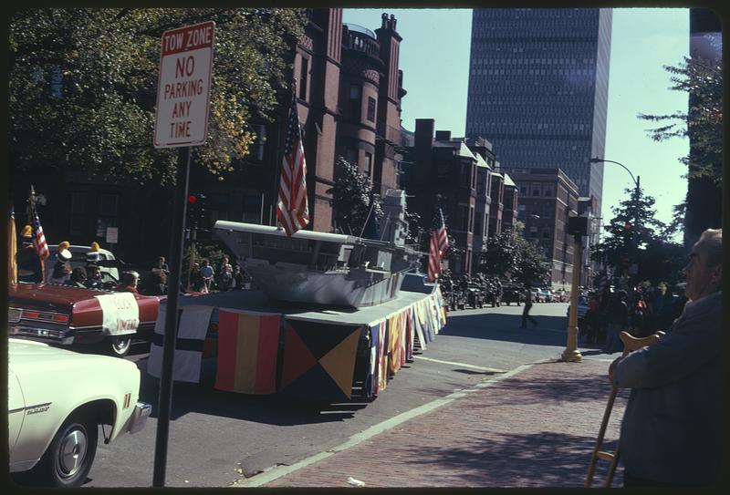 Decorated cars and float, Boston Columbus Day Parade 1973