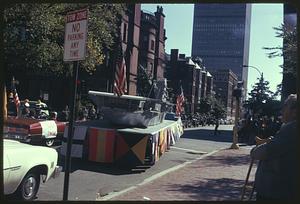 Decorated cars and float, Boston Columbus Day Parade 1973