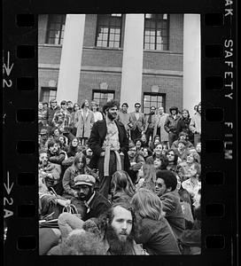"Yippie" Jerry Rubin and fans on steps of Harvard's Widener Library, Cambridge