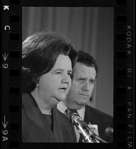 Louise Day Hicks speaks after losing her bid for mayor (note her sad brother), Boston