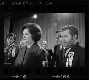 Louise Day Hicks speaks after losing her bid for mayor (note her sad brother), Boston