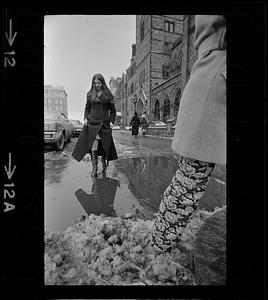 Maxi coat and winter slush in Copley Square, Boston