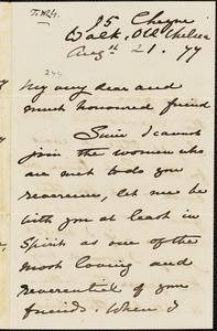 Letter from Emilie Ashurst Venturi, Old Chelsea, [London, England], to William Lloyd Garrison, [18]77 August 21