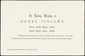 Memorial card for Henry Vincent, London, [England]