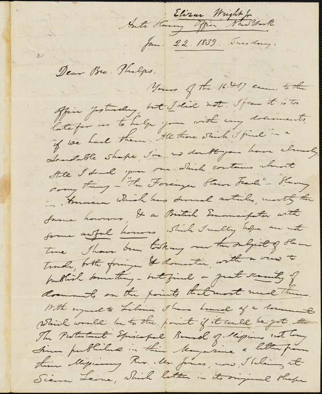 Letter From Elizur Wright, New York, To Amos Augustus Phelps, 1839 Jan ...