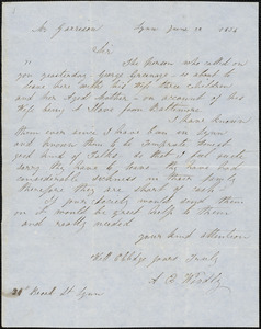 Letter from A.E. Woodly, Lynn, [Massachusetts], to William Lloyd Garrison, 1854 June 22