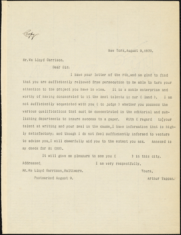 Letter from Arthur Tappan, New York, [New York], to William Lloyd Garrison, 1830 August 9