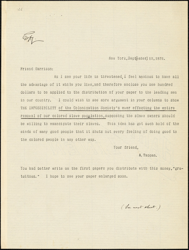 Letter from Arthur Tappan, New York, [New York], to William Lloyd Garrison, 1831 Sept[ember] 12